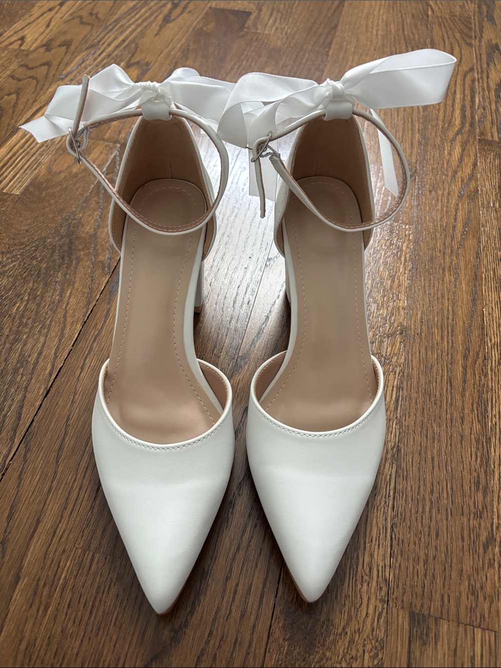 SHEIN White Pointed Ankle-Tie Heels with Satin Ribbon